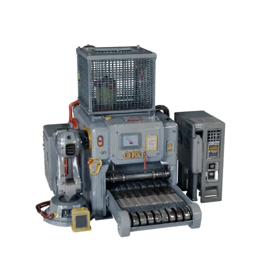 Automated Robot Cell Stylized 3D model, stylized isometric render, showing painted steel, machine stations.