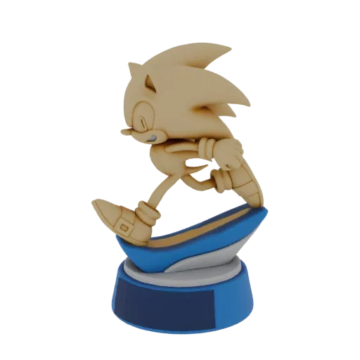 3D model of Sonic the Hedgehog running dynamically on a blue wave, presented against a black background.