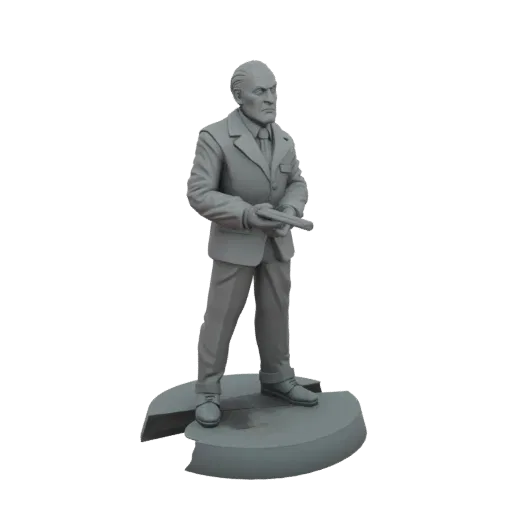 3D model render of a man in a suit holding a shotgun, standing on a circular base.