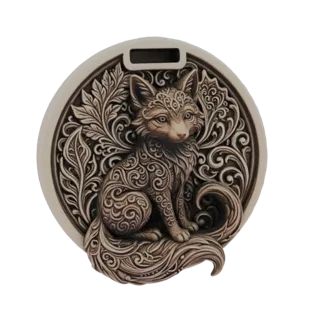 3D model of a sitting fox with intricate swirling filigree patterns covering its body and a decorative circular background.