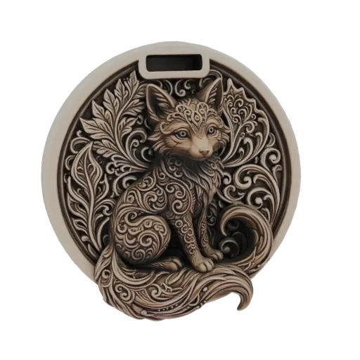 3D model of a sitting fox with intricate swirling filigree patterns covering its body and a decorative circular background.
