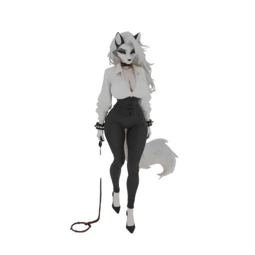 3D model of a stylized wolf woman with white hair, wearing a white shirt and dark pants, holding a whip.