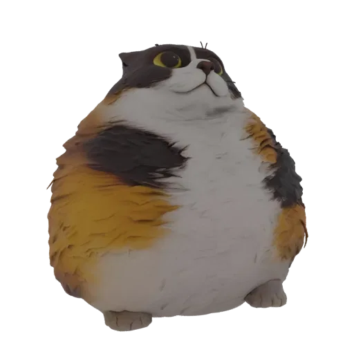 3D model of a very round, chubby calico cat with orange, black, and white fur, looking up with large yellow eyes.