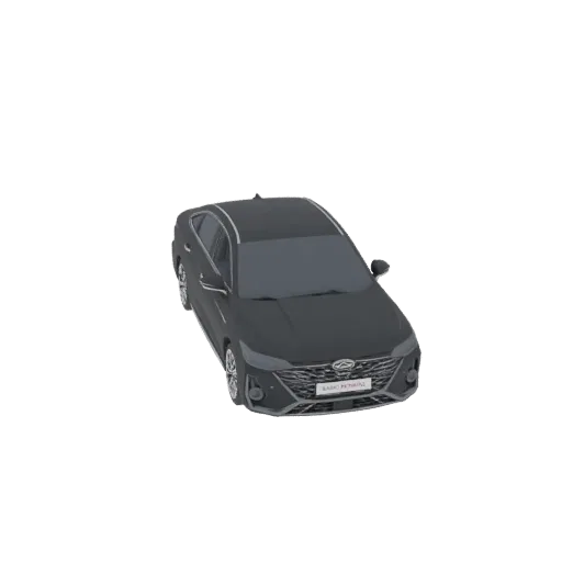 A 3D render of a dark gray sedan with chrome accents, viewed from a slightly elevated front-left angle against a white backgr