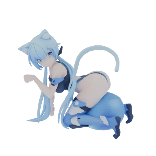 3D model of a blue catgirl character in a crouching pose, with long blue hair and feline ears, wearing a dark blue and black