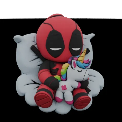 3D render of a chibi Deadpool character with closed eyes, hugging a colorful unicorn while sitting on a white cloud-like pillow.