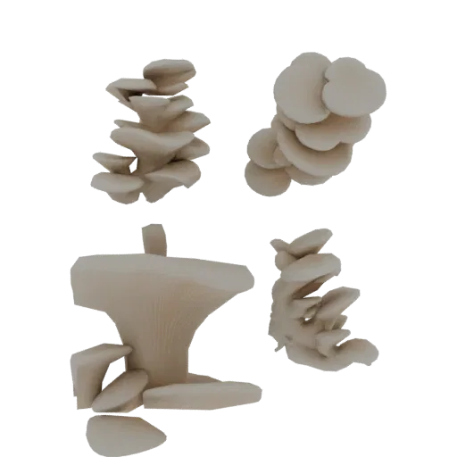 Un rendering 3D di un grappolo di funghi orecchioni beige, con lamelle dettagliate visibili su un fungo grande.