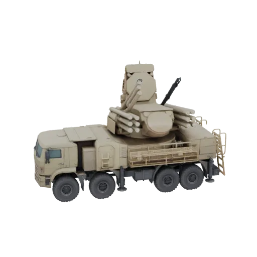 Side view of a detailed 3D model of a tan Tatra T-815 AA Gun System, featuring a multi-wheeled truck chassis and a complex tu