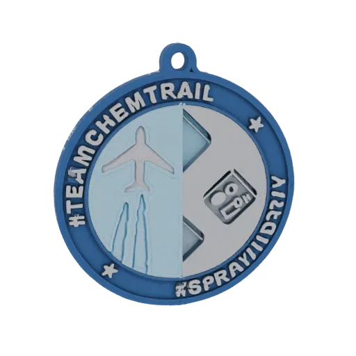 نموذج ثلاثي الأبعاد لميدالية زرقاء وفضية مع نص '#TEAMCHEMTRAIL' و '#SPRAYIIIDRIIV'، تتميز بأيقونات طائرة وعلبة رذاذ.