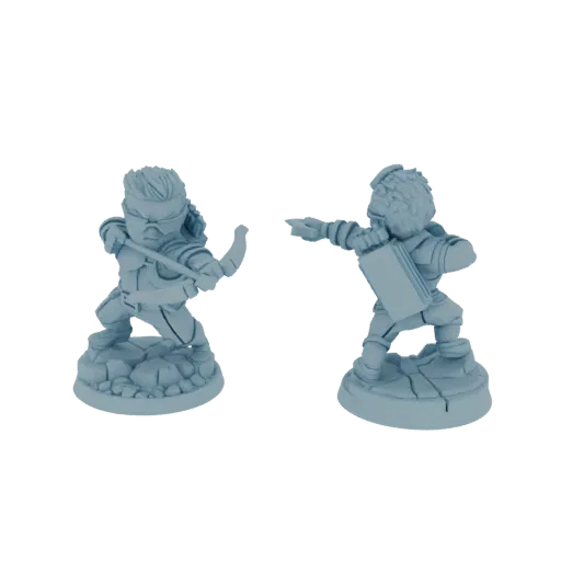3D model render of two chibi archers, one drawing a bow, the other nocking an arrow, on rocky bases.