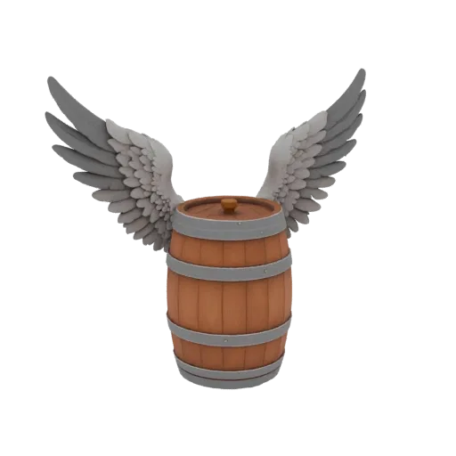 Modelo 3D de barril de madeira com asas de anjo, em pé sobre fundo branco.