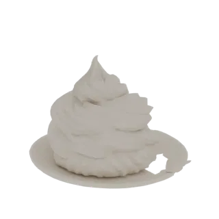 Modelo 3D de una porción de crema batida en espiral sobre un platillo blanco, renderizado con una iluminación suave y neutra.