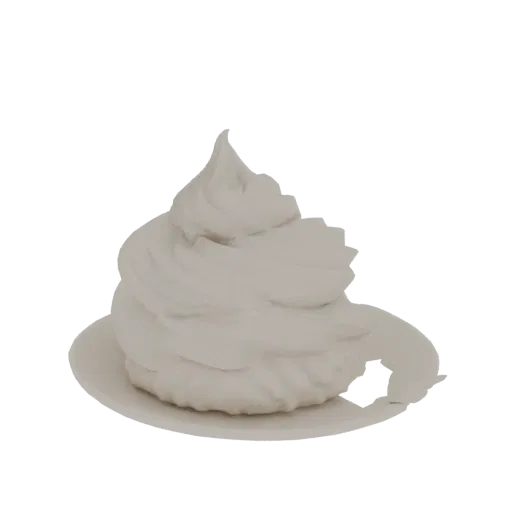 Modelo 3D de una porción de crema batida en espiral sobre un platillo blanco, renderizado con una iluminación suave y neutra.