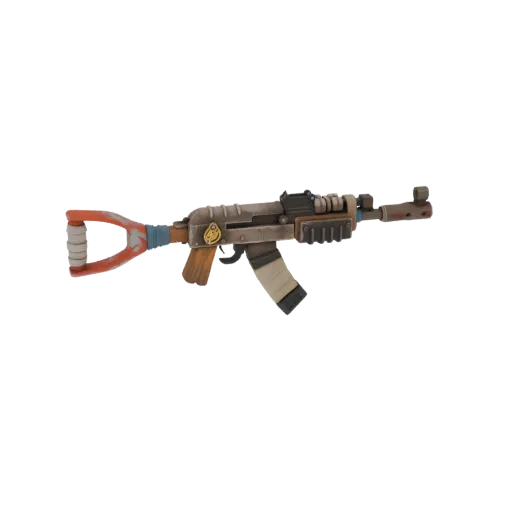 3D model of a worn AK-style assault rifle with a weathered metal and wood finish, featuring a custom stock wrap.
