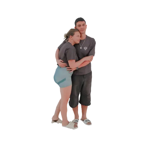 3D model of a young couple embracing, with the woman resting her head on the man's shoulder.