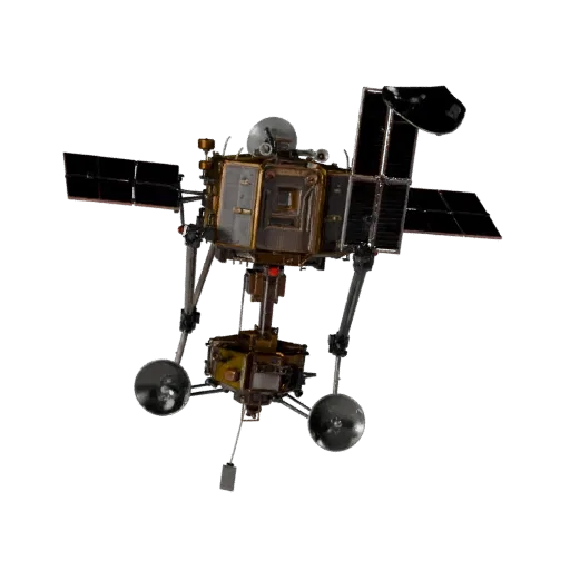 Communication Space Probe High Poly 3D model, close-up studio render, showing solar panels, spacecraft silhouette.