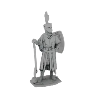 3D model of a medieval knight in full armor, holding a halberd and shield, standing on a rocky base.