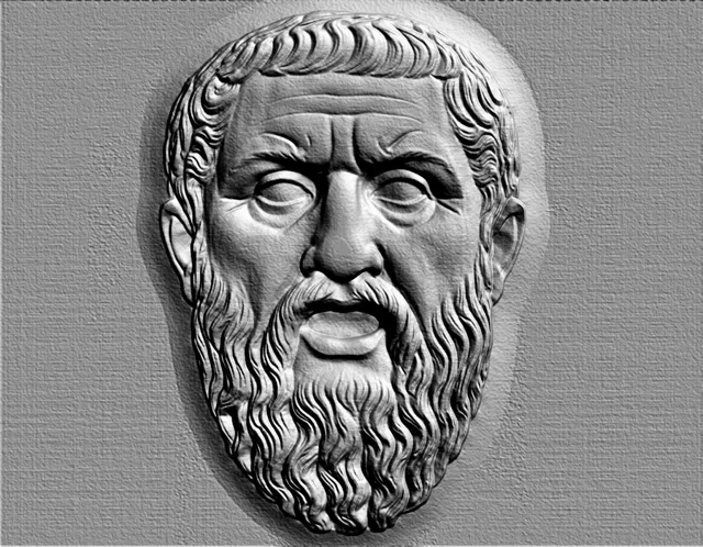 3D model of an ancient Greek philosopher bas-relief with a beard, front view, with subtle shadow highlighting the relief