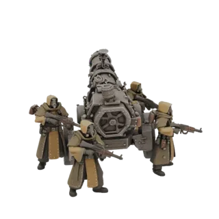 Modelo 3D de bateria de artilharia do Death Korps de Krieg com três soldados em máscaras de gás e casacos, prontos para o com