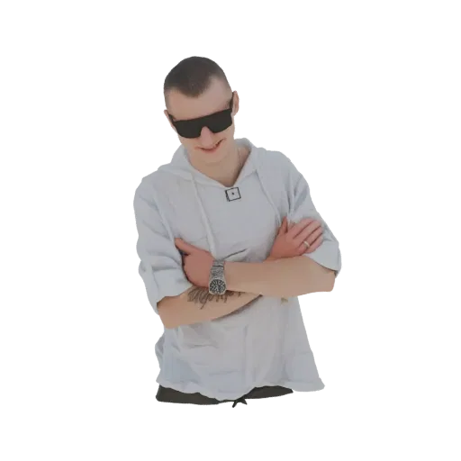 3D model of a young man with short hair, wearing sunglasses and a hoodie, with arms crossed.