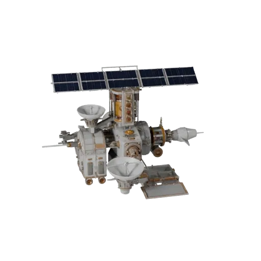 Navigation Relay Station Realistic 3D model, three-quarter studio render, showing solar panels, spacecraft silhouette.