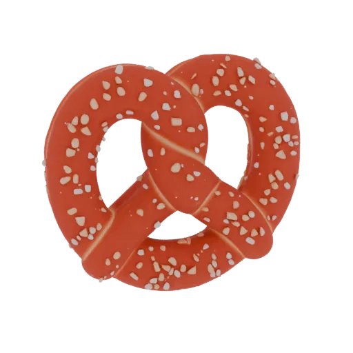 3D model of a bright orange pretzel covered in white salt crystals, presented against a black background.