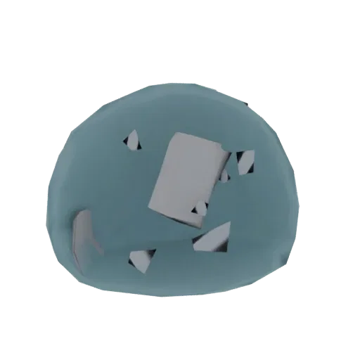 A 3D render of a translucent blue gelatinous orb with sharp, angular metallic shards embedded within its surface.