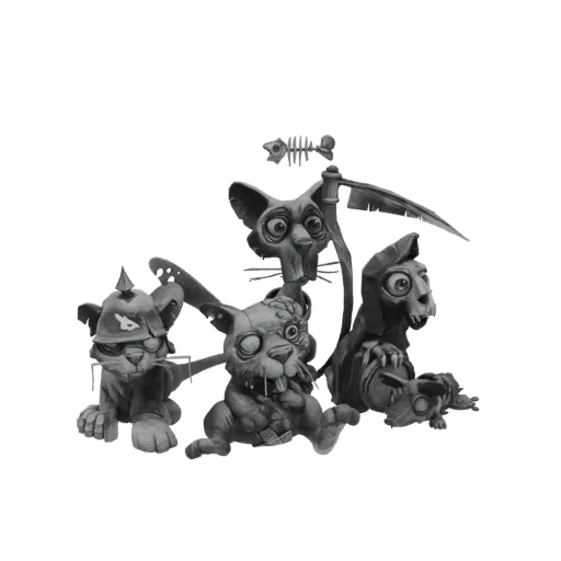 A 3D render of four grim, post-apocalyptic cat characters standing together, showcasing their unique designs and weathered ap