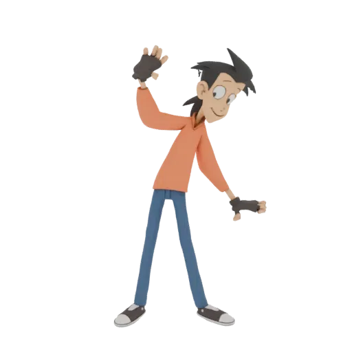 3D model of a stylized cartoon boy with black hair, orange shirt, and blue jeans, waving with one hand raised.