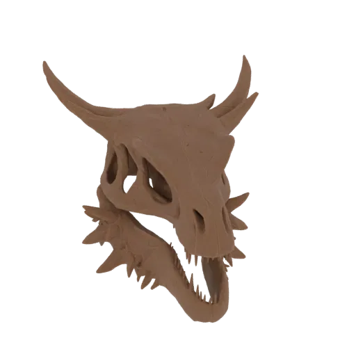 Una renderización 3D detallada de un cráneo de dragón marrón con pinchos afilados, vista desde el frente.