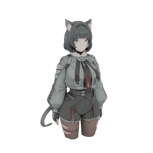 3D model of an anime cat girl with grey hair and cat ears, wearing a blue tactical jacket and grey shorts, with a white backg