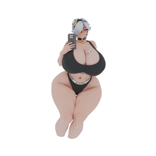 3D model of a curvy anime girl in black lingerie, holding a smartphone and smiling.