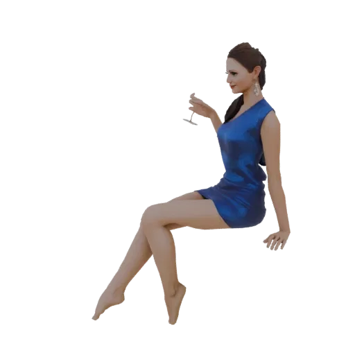 3D model of an elegant woman in a blue dress holding a champagne flute, seated gracefully.