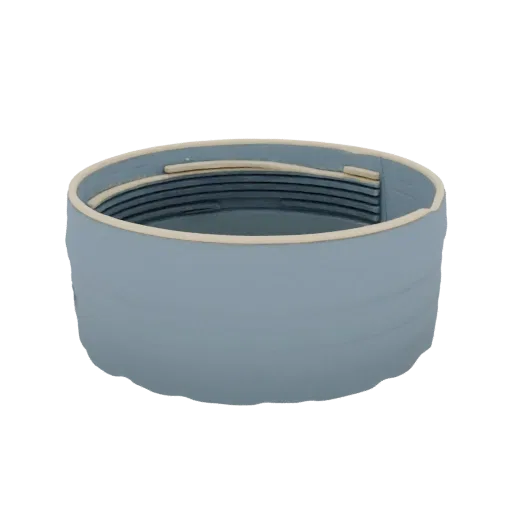 3D-Modell eines gerippten zylindrischen Behälters mit blauem Äußeren und cremefarbenem Rand, aus leichtem Winkel betrachtet.