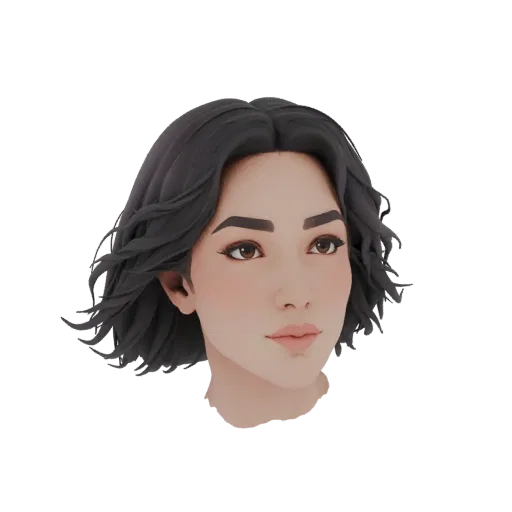 3D model of a stylized female head with short, wavy dark hair, looking slightly to the side with a neutral expression.