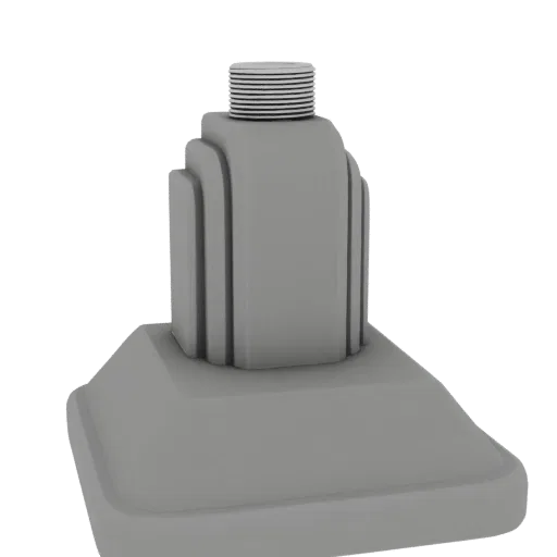 3D render of a gray Art Deco style pedestal with layered geometric sides and a detailed threaded top, set against a white bac