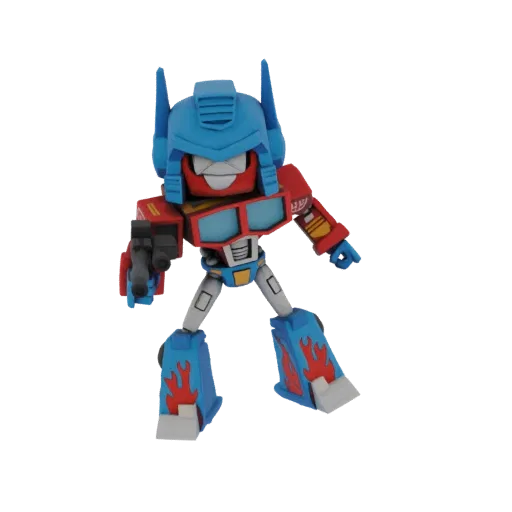 A 3D render of a chibi-style Optimus Prime figure with a blue helmet, red torso, and blue legs with flame details.