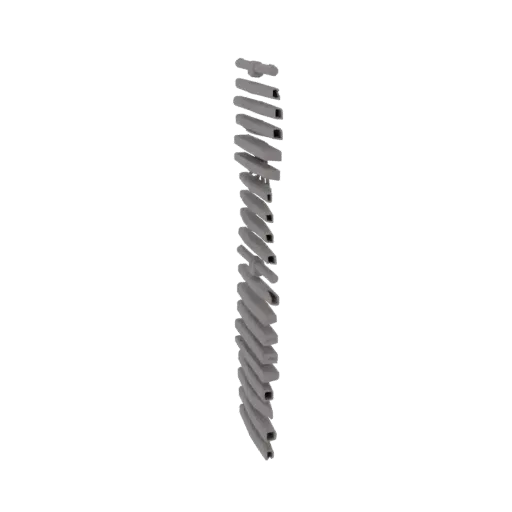 Modèle 3D d'un escalier hélicoïdal gris avec marches rectangulaires, vu de côté sur fond blanc.