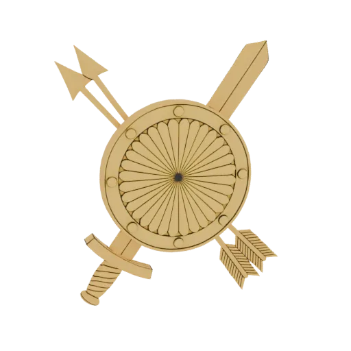 3D model of a golden emblem featuring a shield crossed with a sword and two arrows, on a white background.