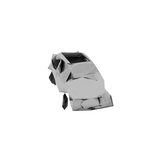 Un modello 3D di un'auto sportiva gravemente distrutta, con metallo contorto e una silhouette spezzata su sfondo bianco.