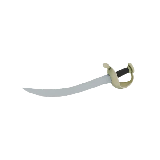 3D model of a curved pirate saber with a light-colored guard and a black grip, presented on a white background.