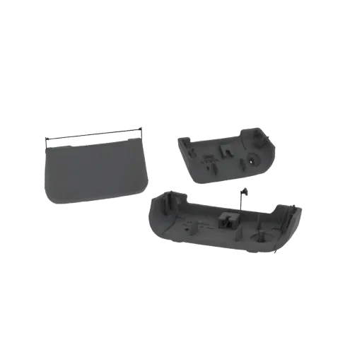3D model of three gray plastic console housing components, showing internal details and mounting points.