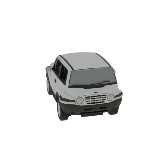 A 3D model of a white SUV with black accents, viewed from a slightly elevated front angle against a black background.