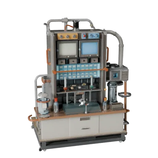 Prototype Reactor Core 3D model, three-quarter front view, Unity viewport, showing clean metal, bench-top devices.