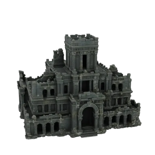 3D model of a gothic ruined castle with crumbling walls, arched entrances, and a central tower, set against a black backgroun