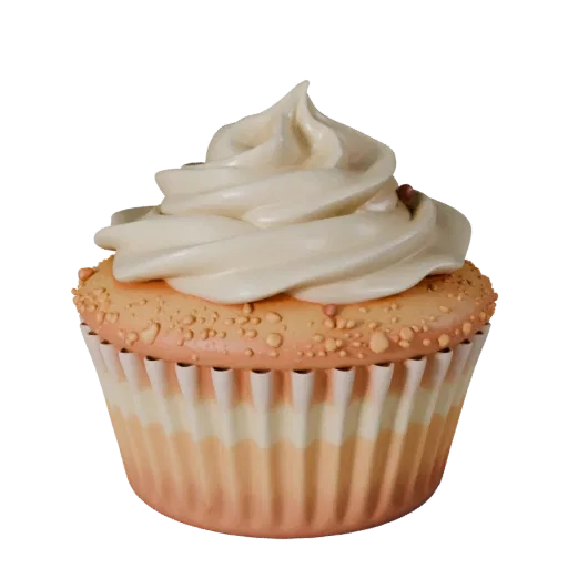 Cupcake Glaceado Modelo 3D Realista, renderização de estúdio em três quartos, mostrando creme, silhueta de comida doce.