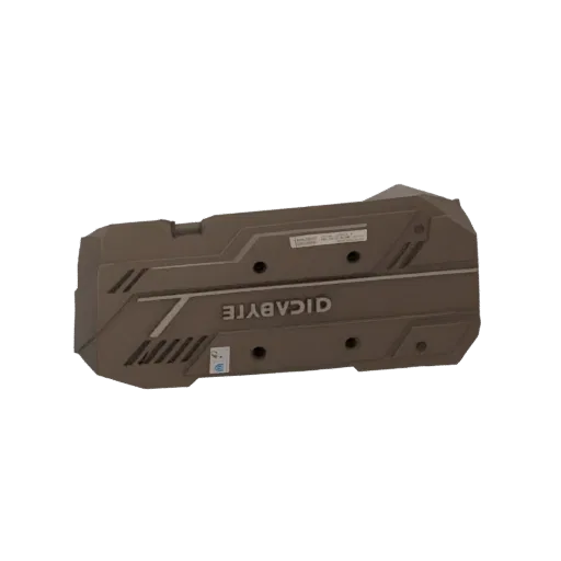 Modèle 3D d'un carénage de refroidisseur GPU Gigabyte, montrant son boîtier marron avec le logo blanc Gigabyte.