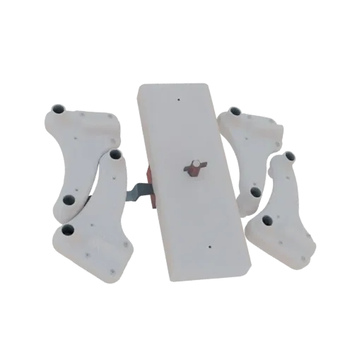 3D render of a white modular robotic arm assembly with a gripper, showing visible screw details and articulation points again