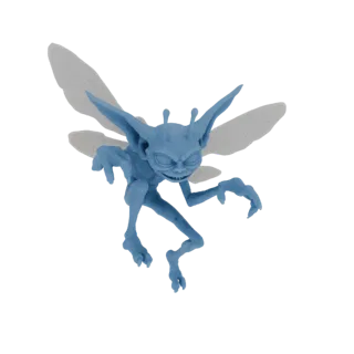 Modelo 3D de um duende fada azul com asas grandes e translúcidas, orelhas pontudas e expressão travessa, em pose dinâmica.