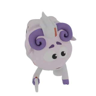 Uma renderização 3D de um fofo carneiro roxo com olhos grandes e chifres encaracolados, mostrado de um ângulo ligeiramente el